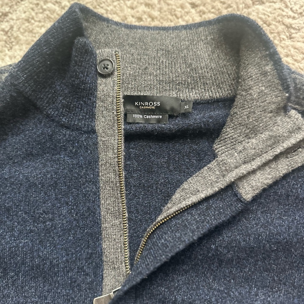 Kinross Cashmere - Men's Blue and Gray Zip Up Sweater - Picture 2 of 6